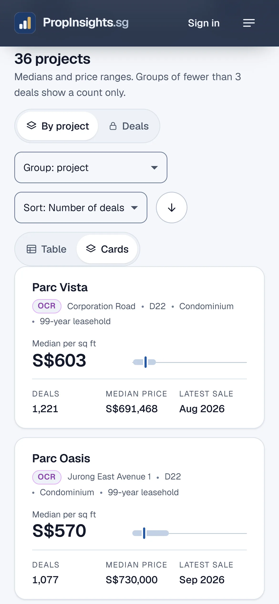 The transaction search on a phone: one card per project, with the number of deals and the median prices.
